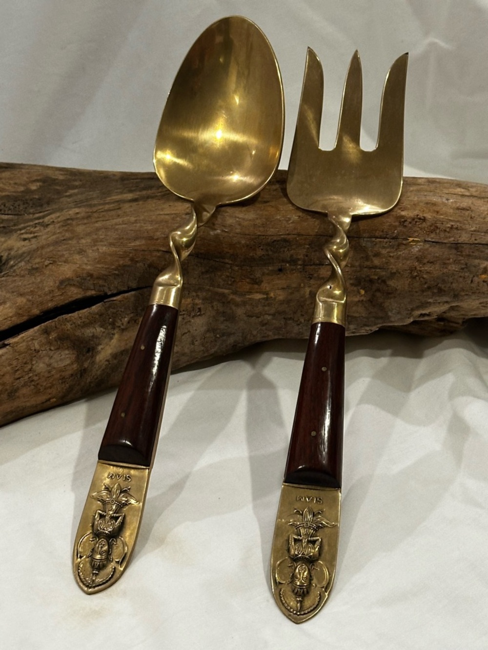 Siam bronze & rosewood serving set, with twisted brass handles & raised Buddha